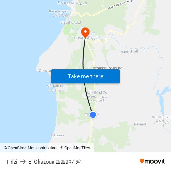 Tidzi to El Ghazoua ⵍⵖⵣⵡⴰ الغزاوة map