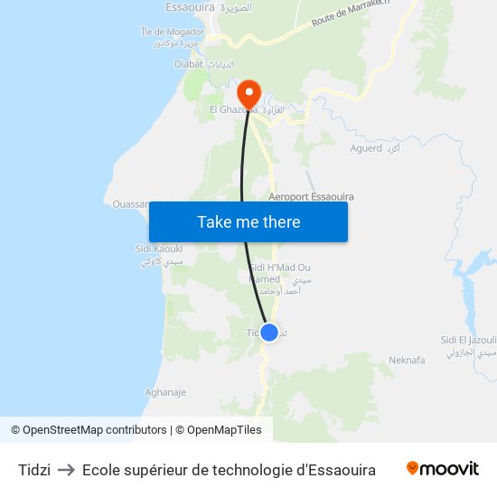 Tidzi to Ecole supérieur de technologie d'Essaouira map
