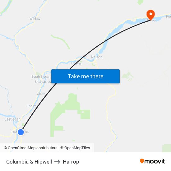 Columbia & Hipwell to Harrop map