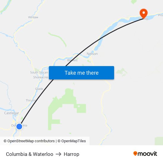 Columbia & Waterloo to Harrop map