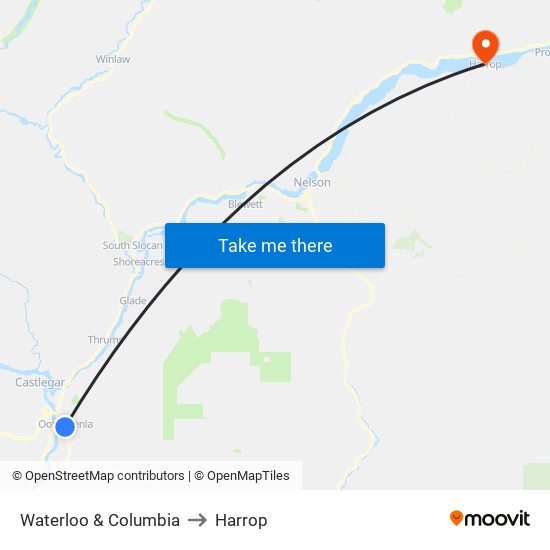 Waterloo & Columbia to Harrop map