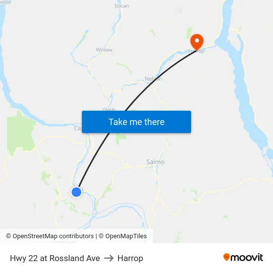 Hwy 22 at Rossland Ave to Harrop map