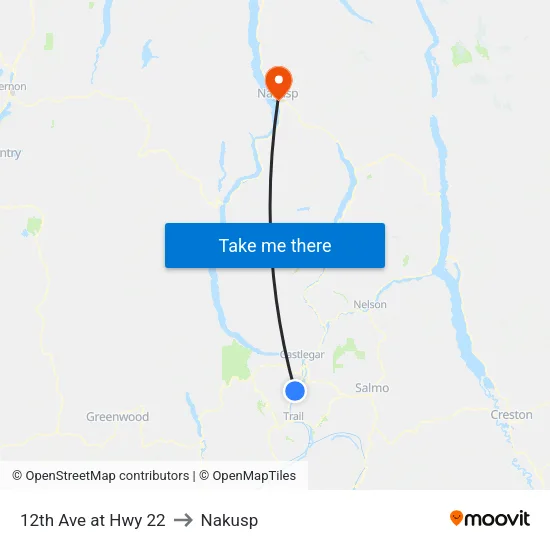 12th Ave at Hwy 22 to Nakusp map