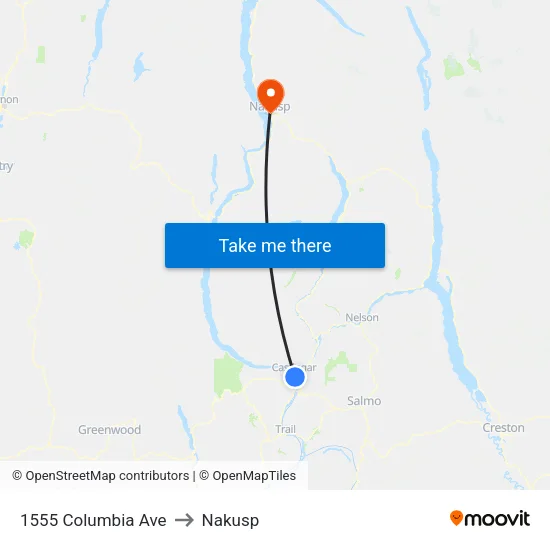 1555 Columbia Ave to Nakusp map