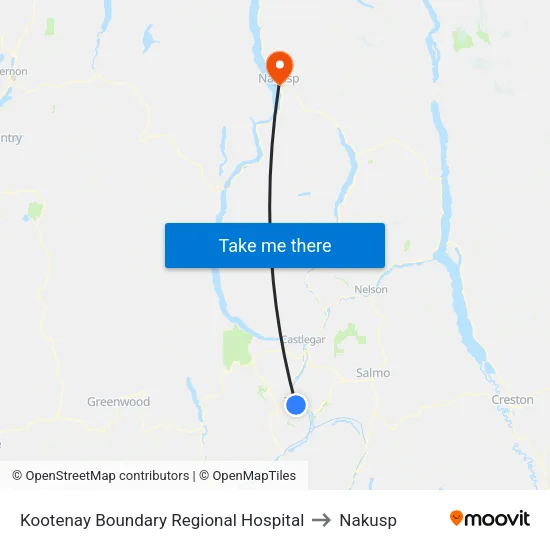 Kootenay Boundary Regional Hospital to Nakusp map