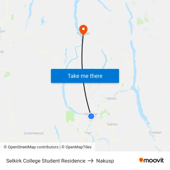 Selkirk College Student Residence to Nakusp map