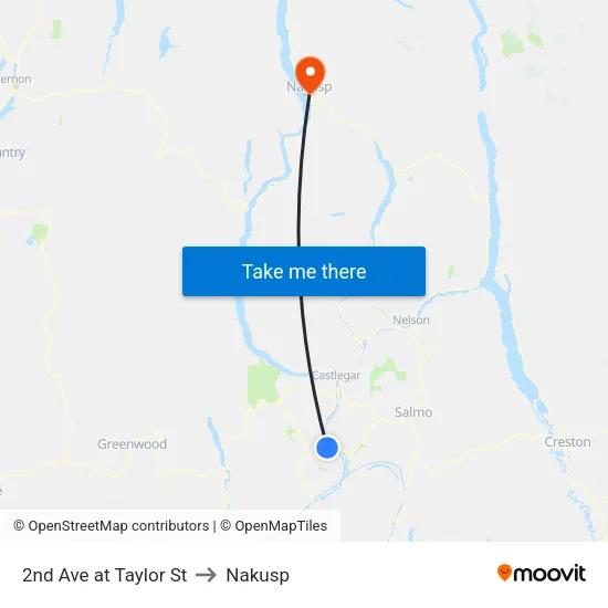 2nd Ave at Taylor St to Nakusp map