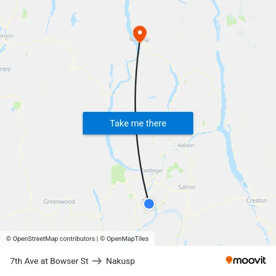 7th Ave at Bowser St to Nakusp map