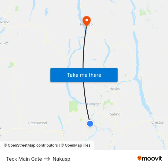 Teck Main Gate to Nakusp map