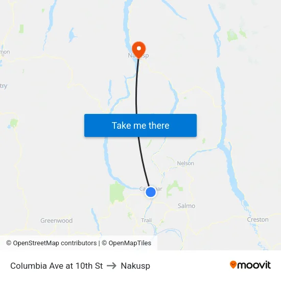 Columbia Ave at 10th St to Nakusp map