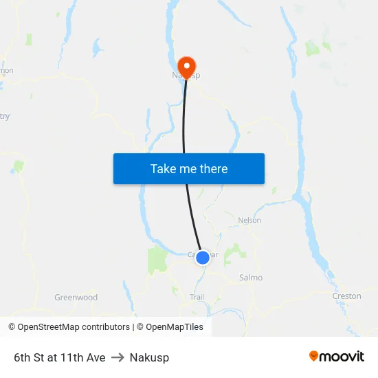 6th St at 11th Ave to Nakusp map