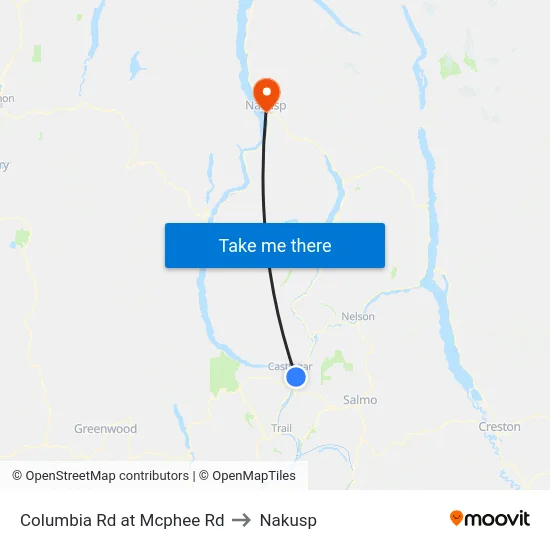 Columbia Rd at Mcphee Rd to Nakusp map