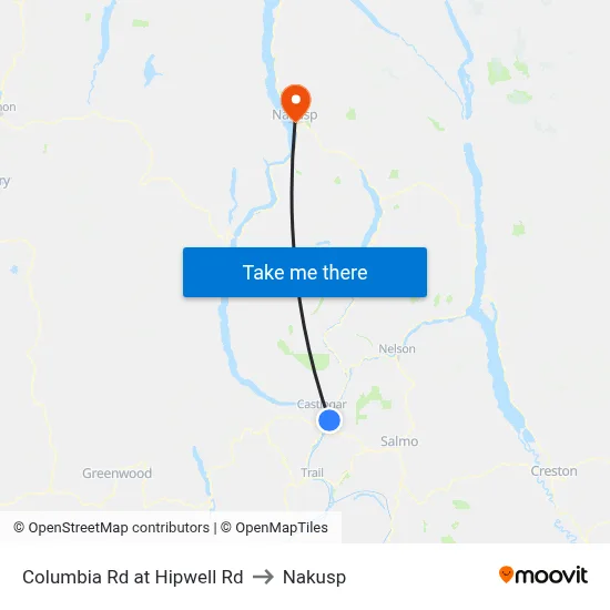 Columbia Rd at Hipwell Rd to Nakusp map