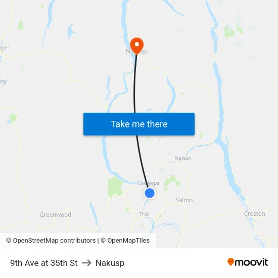 9th Ave at 35th St to Nakusp map