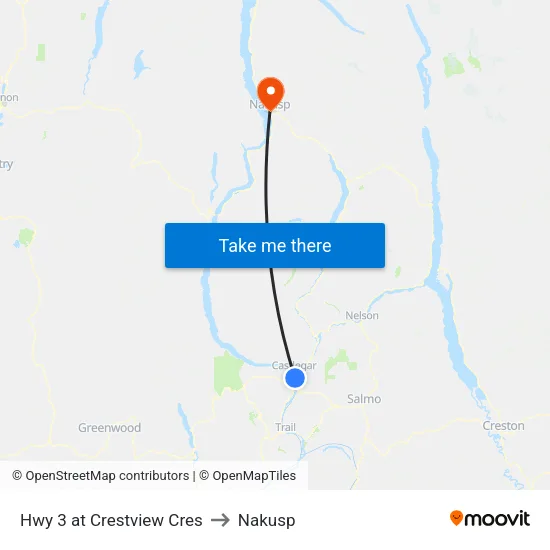 Hwy 3 at Crestview Cres to Nakusp map