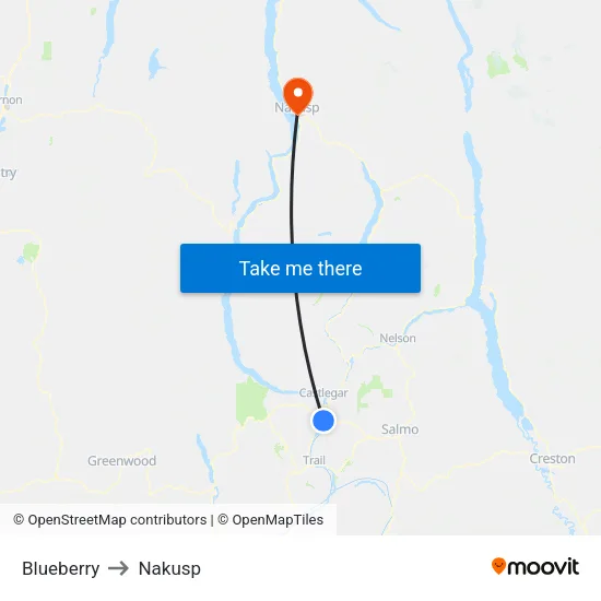 Blueberry to Nakusp map