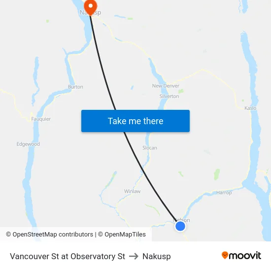 Vancouver St at Observatory St to Nakusp map