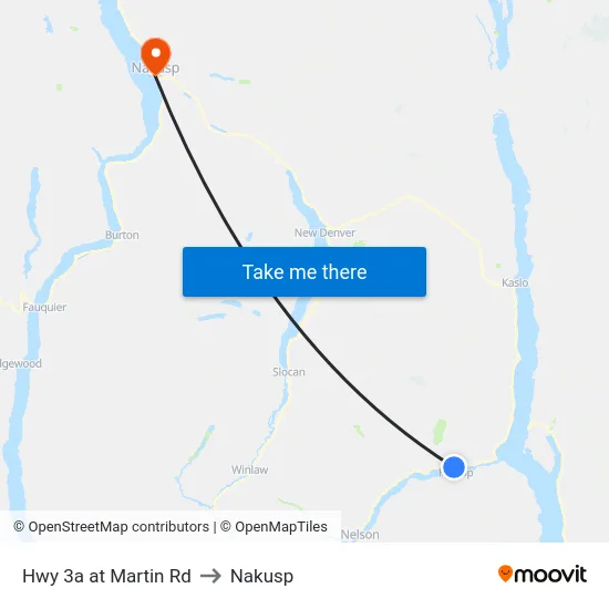Hwy 3a at Martin Rd to Nakusp map