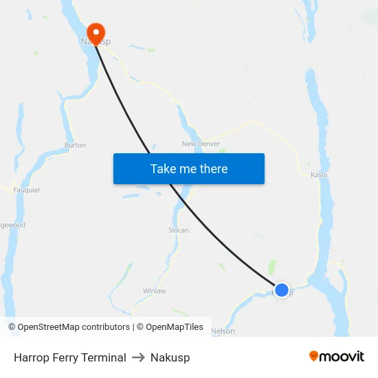 Harrop Ferry Terminal to Nakusp map