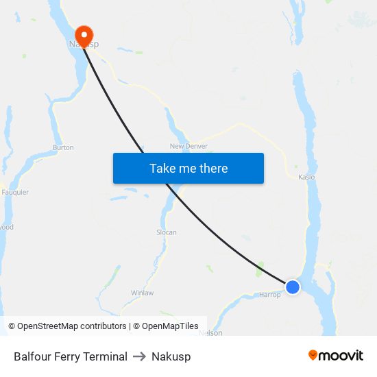 Balfour Ferry Terminal to Nakusp map