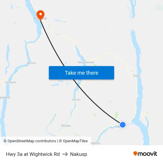 Hwy 3a at Wightwick Rd to Nakusp map