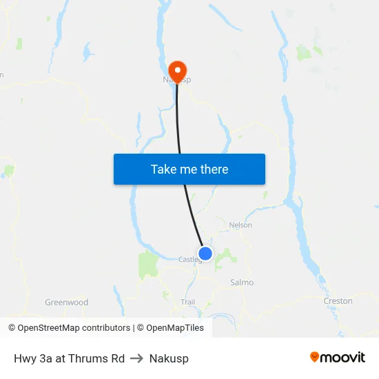 Hwy 3a at Thrums Rd to Nakusp map