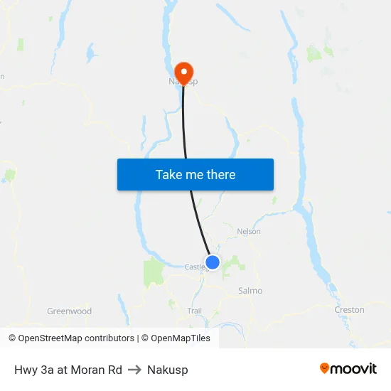Hwy 3a at Moran Rd to Nakusp map
