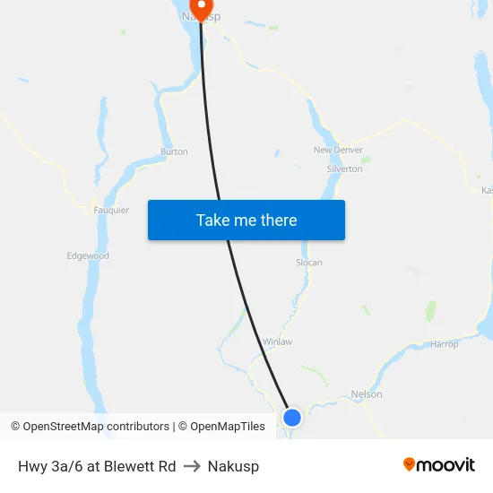 Hwy 3a/6 at Blewett Rd to Nakusp map