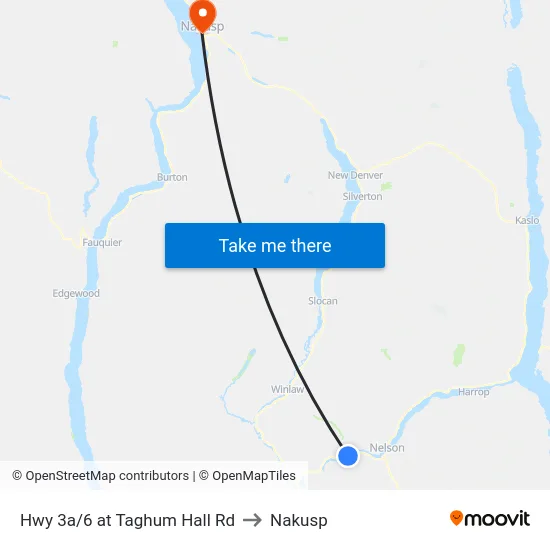Hwy 3a/6 at Taghum Hall Rd to Nakusp map