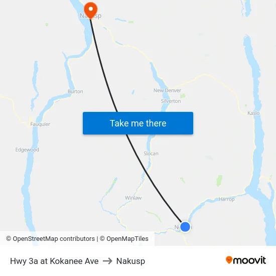 Hwy 3a at Kokanee Ave to Nakusp map