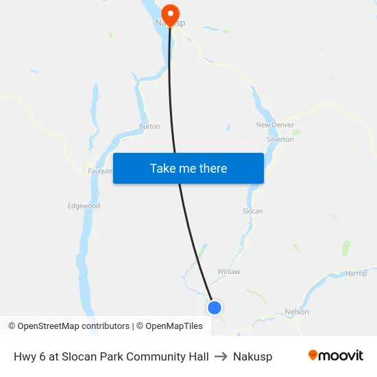 Hwy 6 at Slocan Park Community Hall to Nakusp map