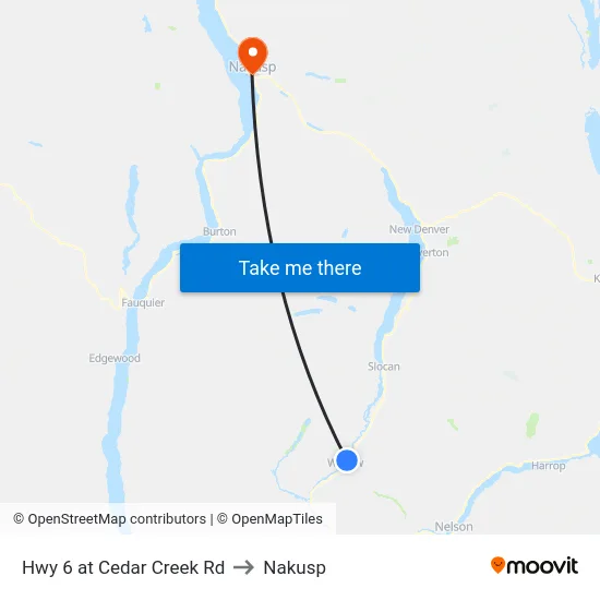 Hwy 6 at Cedar Creek Rd to Nakusp map