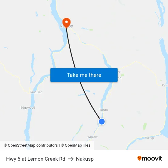 Hwy 6 at Lemon Creek Rd to Nakusp map