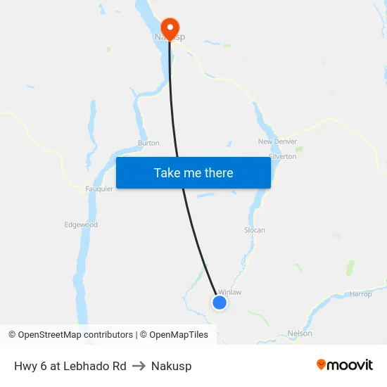 Hwy 6 at Lebhado Rd to Nakusp map