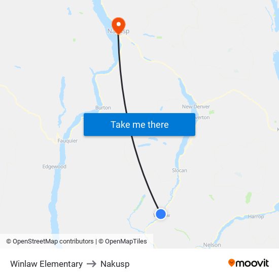 Winlaw Elementary to Nakusp map