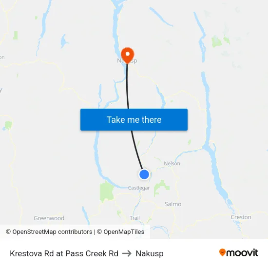 Krestova Rd at Pass Creek Rd to Nakusp map