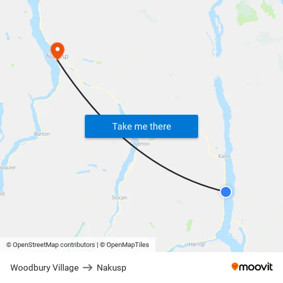 Woodbury Village to Nakusp map