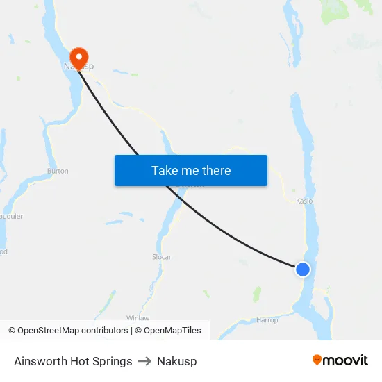 Ainsworth Hot Springs to Nakusp map