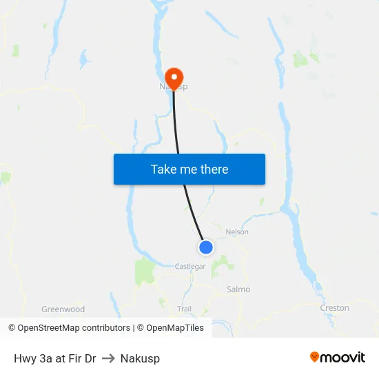Hwy 3a at Fir Dr to Nakusp map