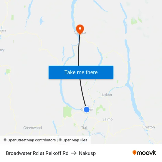 Broadwater Rd at Relkoff Rd to Nakusp map