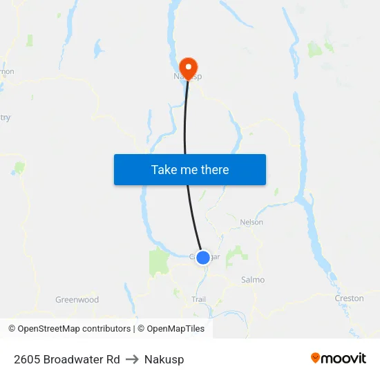 2605 Broadwater Rd to Nakusp map