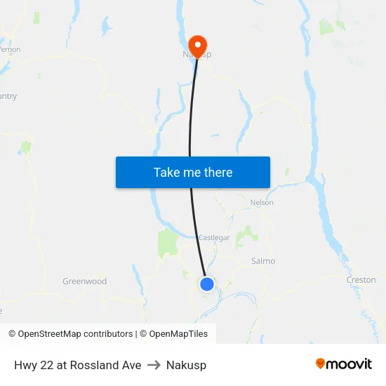 Hwy 22 at Rossland Ave to Nakusp map
