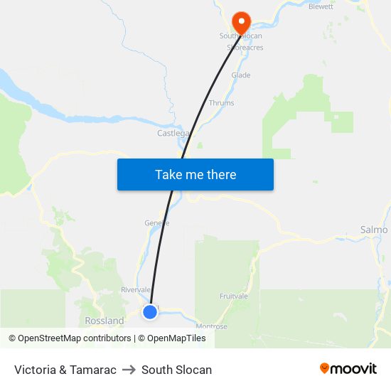 Victoria & Tamarac to South Slocan map
