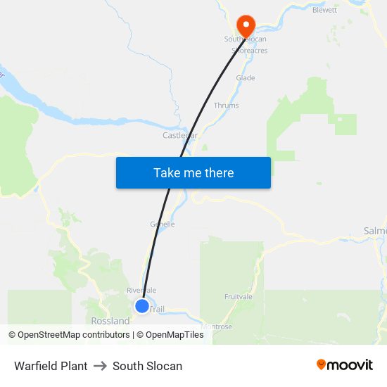 Warfield Plant to South Slocan map