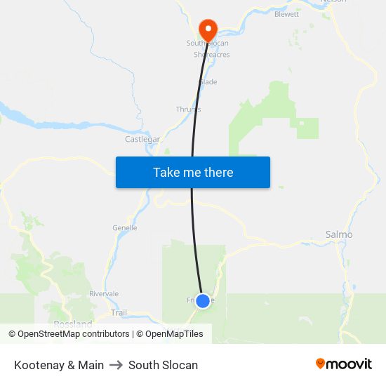 Kootenay & Main to South Slocan map