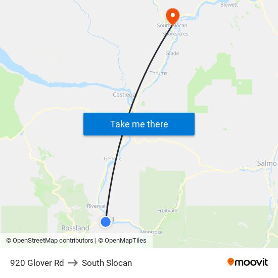 920 Glover Rd to South Slocan map