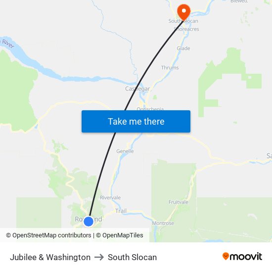 Jubilee & Washington to South Slocan map