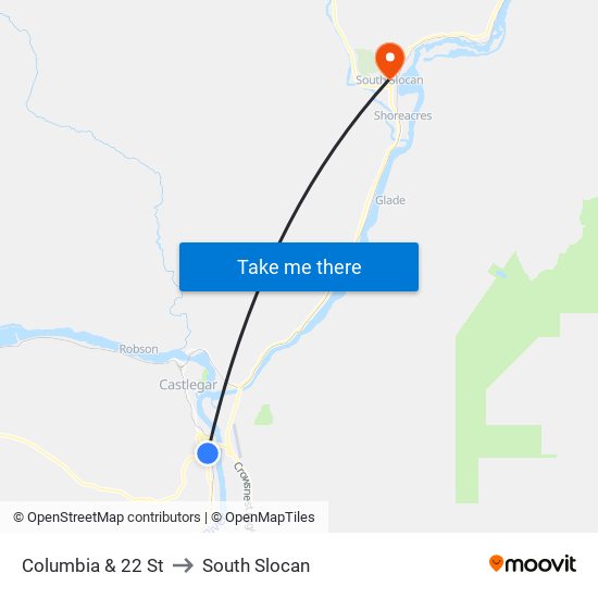 Columbia & 22 St to South Slocan map