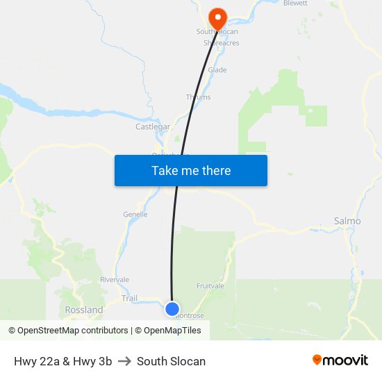 Hwy 22a & Hwy 3b to South Slocan map