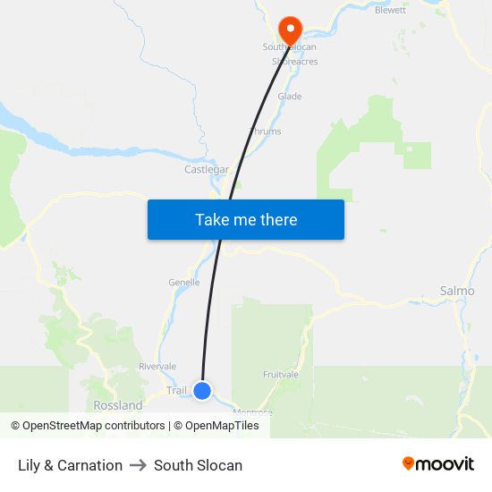 Lily & Carnation to South Slocan map